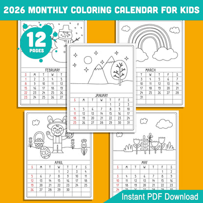 Interactive 2026 Calendar Coloring Activity: Learn and Color Each Month, Perfect for Kids’ Education and Fun, Instant PDF Download