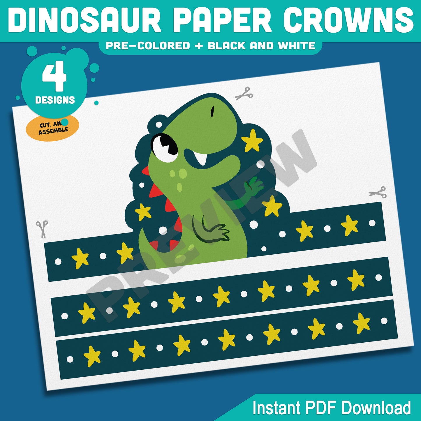 Dinosaur Paper Crowns, Printable Headbands, Color Your Own Paper Hats, Dinosaur Crown Craft, Printable Classroom Activity, US Letter, A4