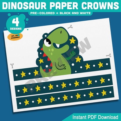 Dinosaur Paper Crowns, Printable Headbands, Color Your Own Paper Hats, Dinosaur Crown Craft, Printable Classroom Activity, US Letter, A4
