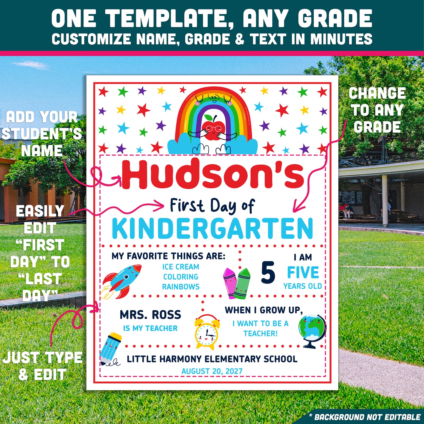 First and Last Day of School Pictures Sign, Editable PDF & PowerPoint Back to School Photo Board Printable, 16x20 Poster, Letter Size 8.5x11, A4