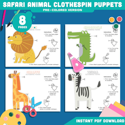 Safari Animal Clothespin Puppets: 8-Page Printable Craft, 4 Unique Designs with Pre-Colored & Black & White Versions, Great for Dramatic Play