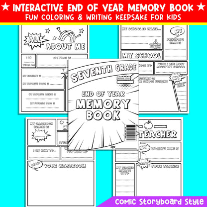 Seventh Grade (7th grade) End of the Year Memory Book – Fun Comic Writing & Coloring Activities, 24 Printable Pages, Instant PDF