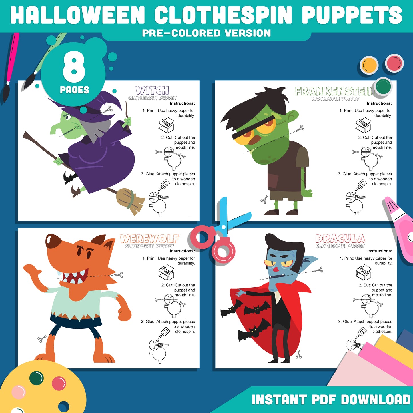 Halloween Clothespin Puppets: 8-Page Kids Printable Craft with 4 Characters, Frankenstein, Witch, Dracula, Werewolf, Black & White + Color PDF