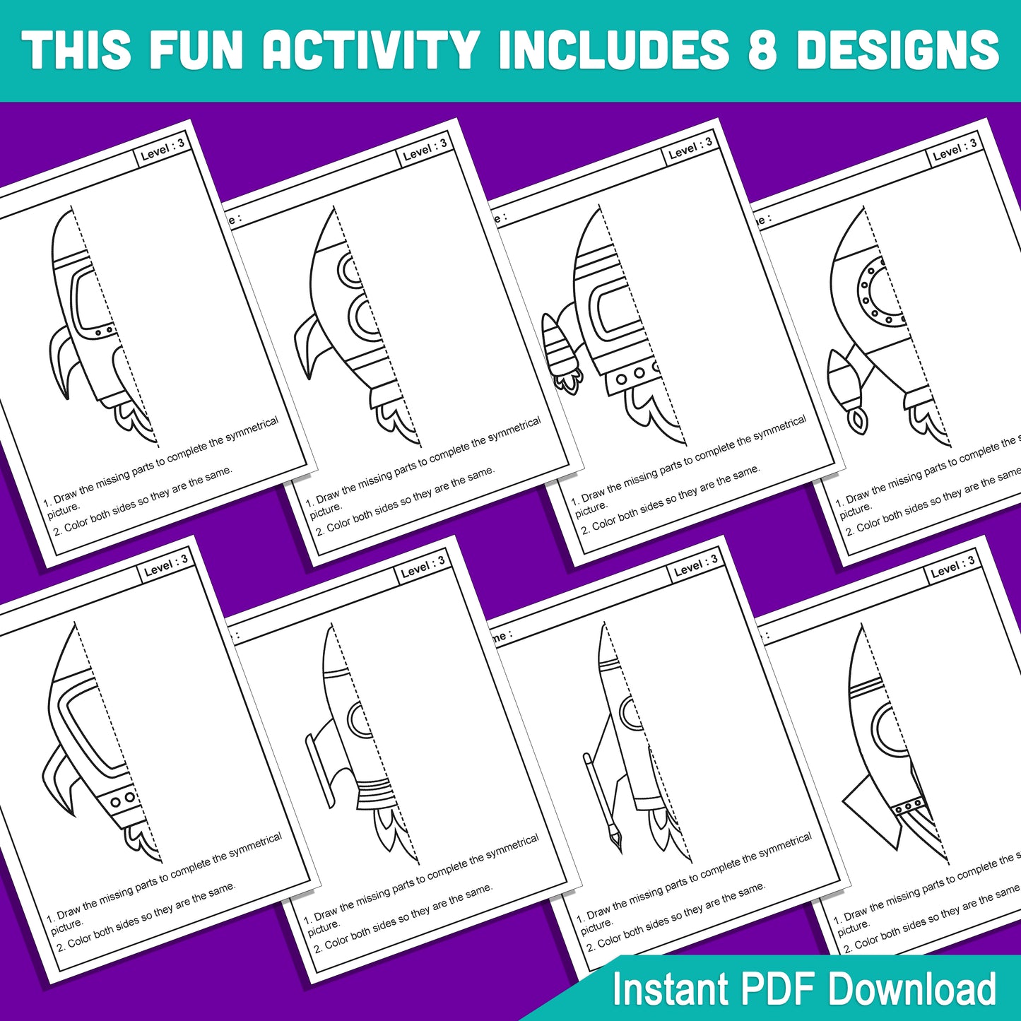 Rocket and Spaceship Symmetry Activity: 24 Pages of Fun Space-Themed Exercises with 8 Cool Designs in 3 Difficulty Levels, Perfect for STEM Learning & Art Time