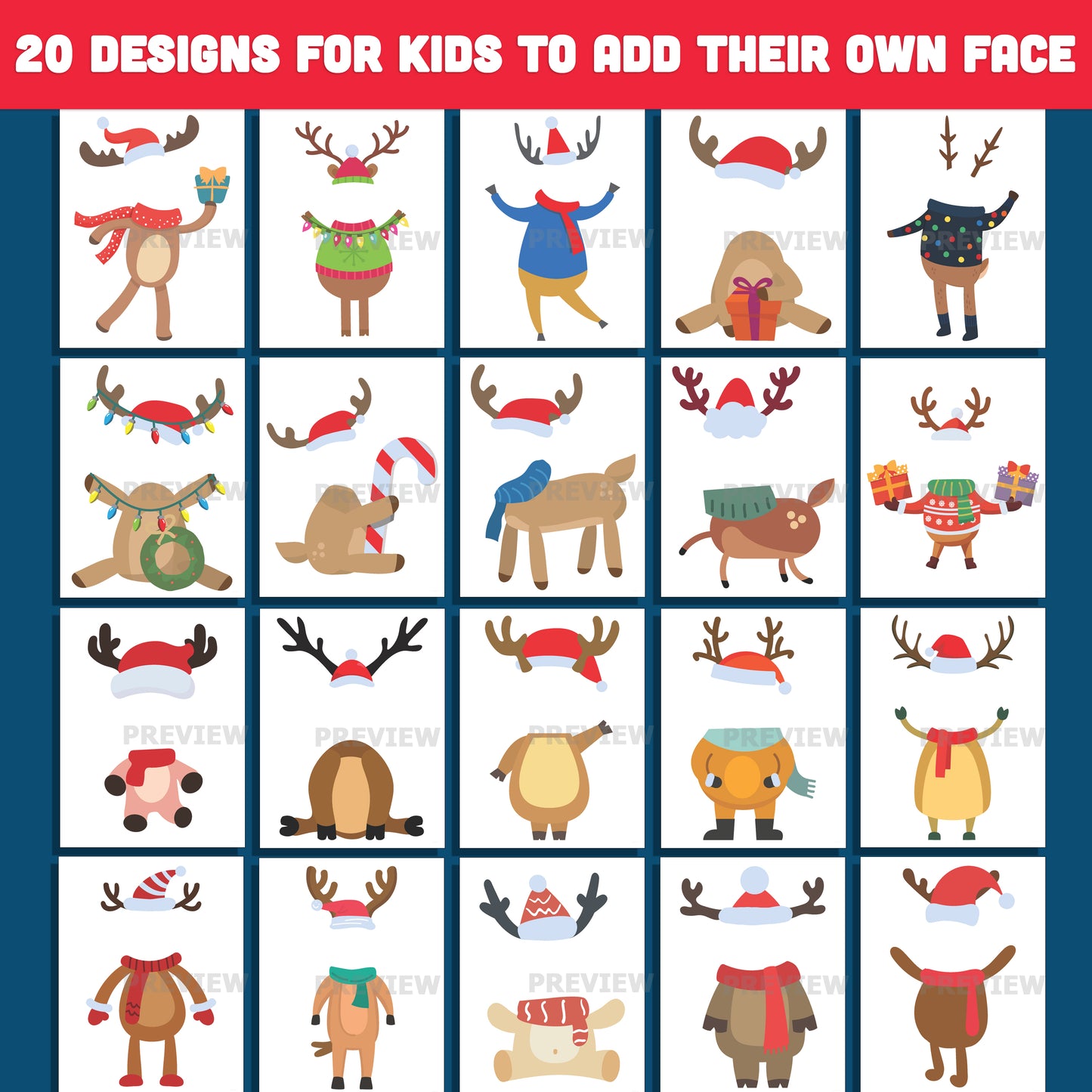 Add Your Photo Reindeer Crafts – Winter Add-Your-Face Templates, 20 High-Resolution PDF + PNG Designs for Classroom Crafts, Home Projects, Early Finishers, and Seasonal Activities