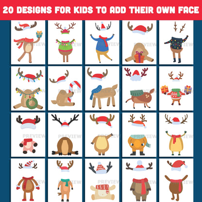 Add Your Photo Reindeer Crafts – Winter Add-Your-Face Templates, 20 High-Resolution PDF + PNG Designs for Classroom Crafts, Home Projects, Early Finishers, and Seasonal Activities