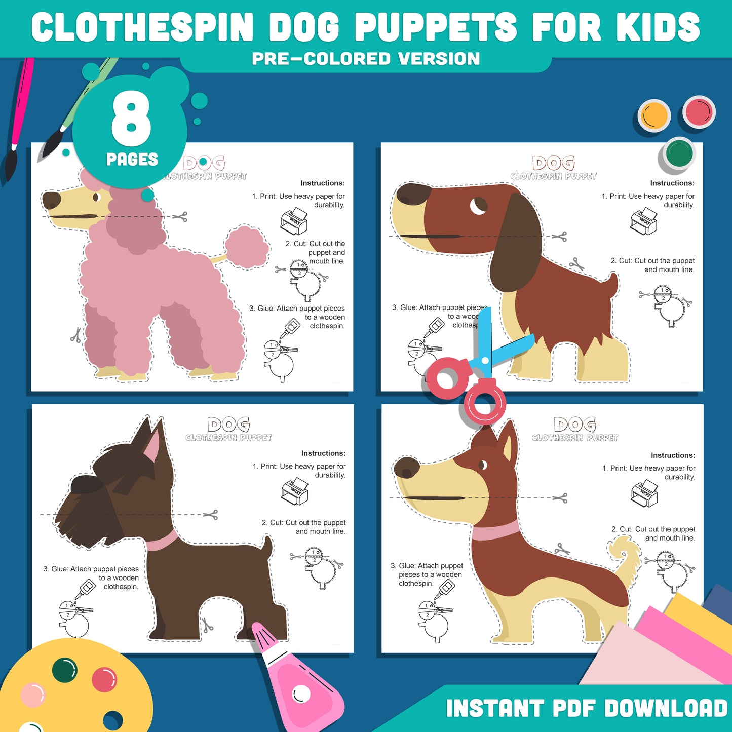 Printable Dog Clothespin Puppets for Kids: 8 Pages, 4 Designs in Pre-Colored and Black & White, Perfect for Dramatic Play Activities