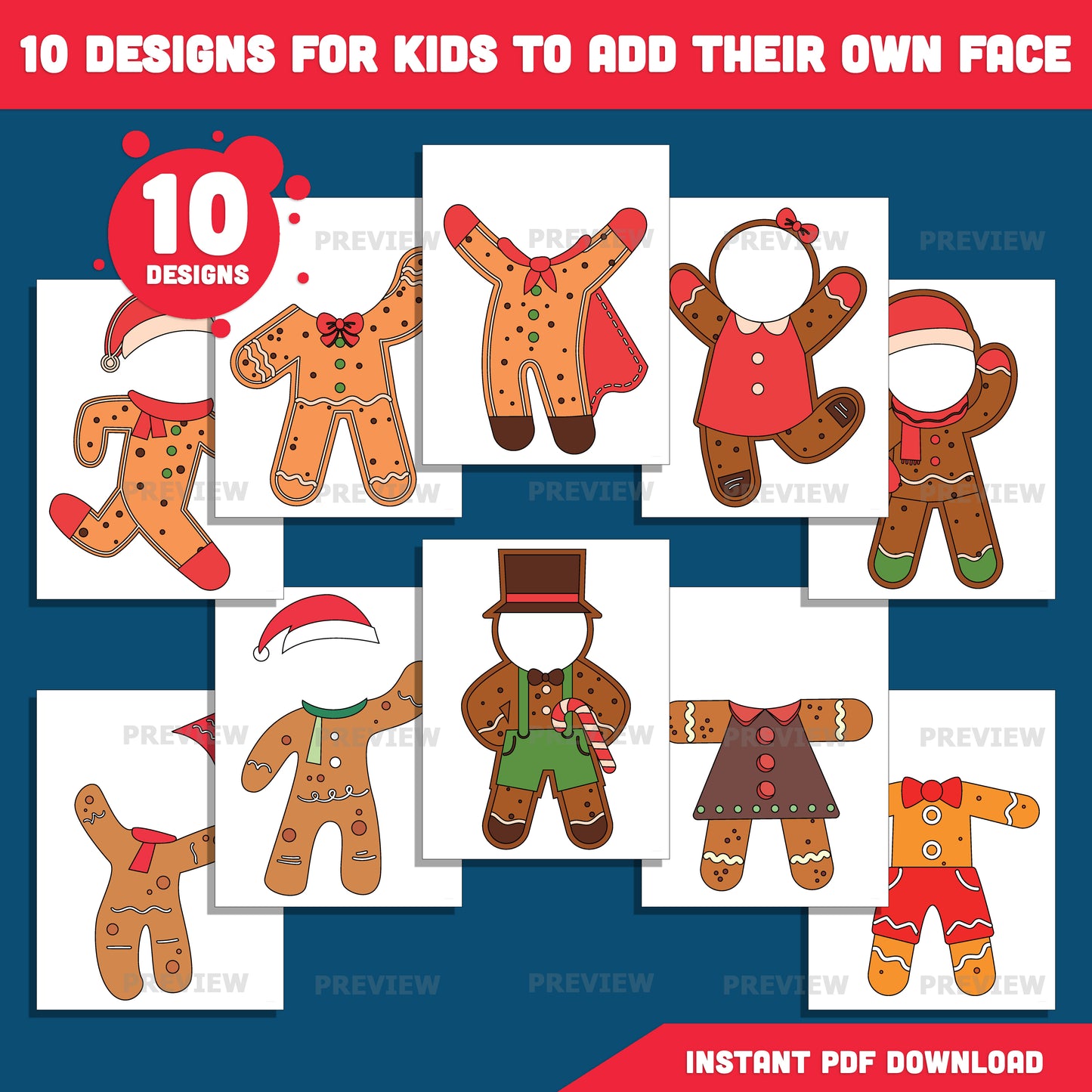 Gingerbread Man Craft Template – Add Your Photo, Winter Add-Your-Face Templates, Christmas Craft Set with Coloring Version Included, 10 High-Res PDF + PNG Body Designs