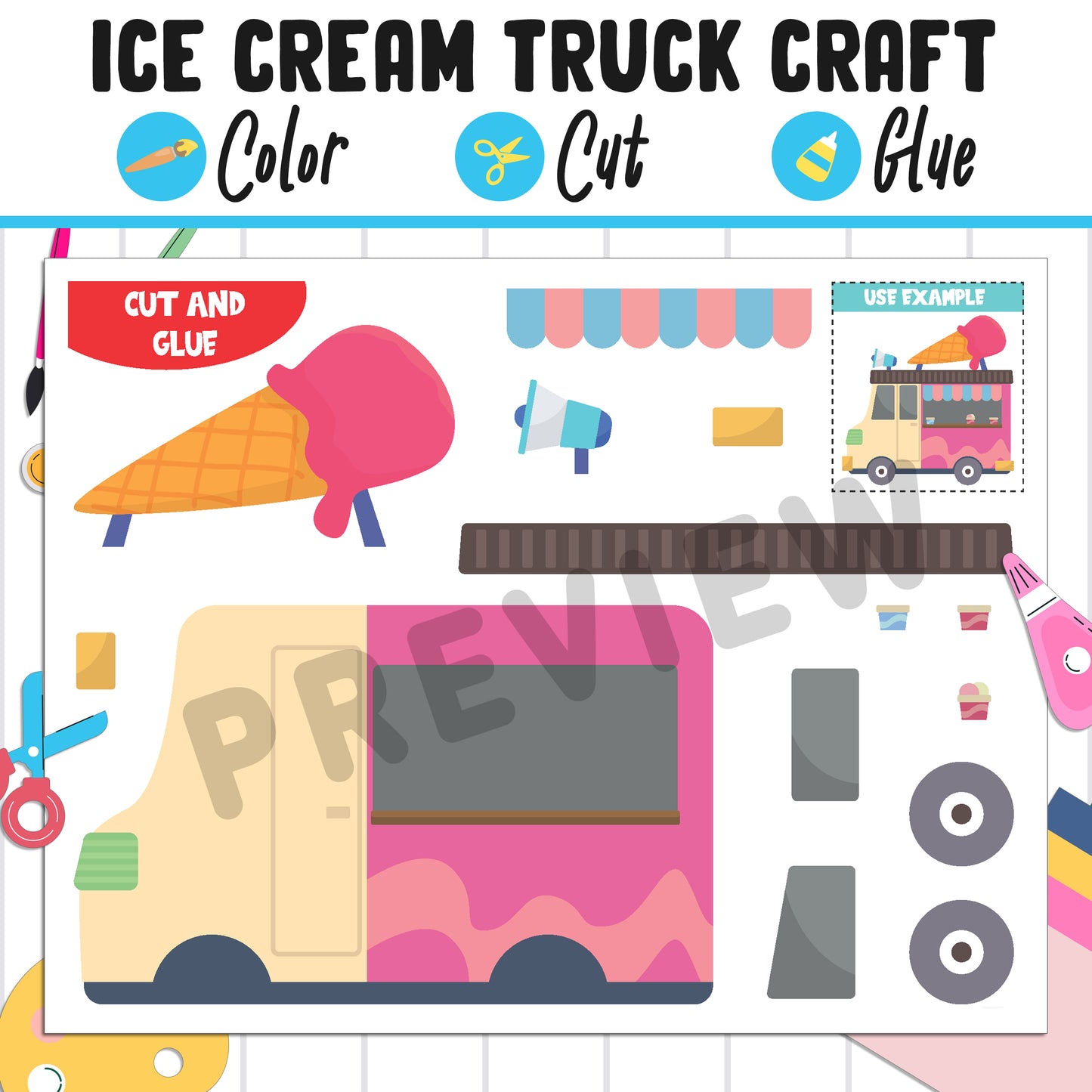 Ice Cream Truck Craft for Kids : Color, Cut, and Glue, a Fun Activity for Pre K to 2nd Grade, PDF Instant Download