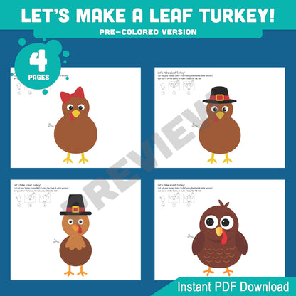 Let’s Make a Leaf Turkey! Printable Fall Leaf Turkey Paper Craft Templates, 4 Designs, 8 Pages, Pre-Colored + B&W, Use real fall leaves