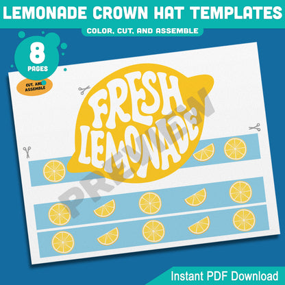 Lemonade Crown Hat Templates – Printable Summer Headband Craft for Kids, 8 Pages with Coloring Option, Instant PDF Download