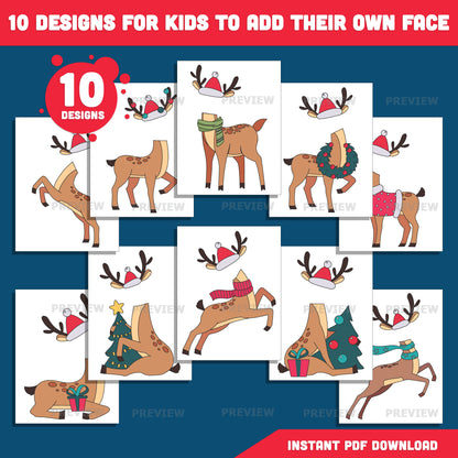 Reindeer Add Your Face Templates, Winter Add-Your-Face Body Craft, Coloring Version Included, High-resolution PDF + PNG Files, 10 Festive Printable Designs for Kids