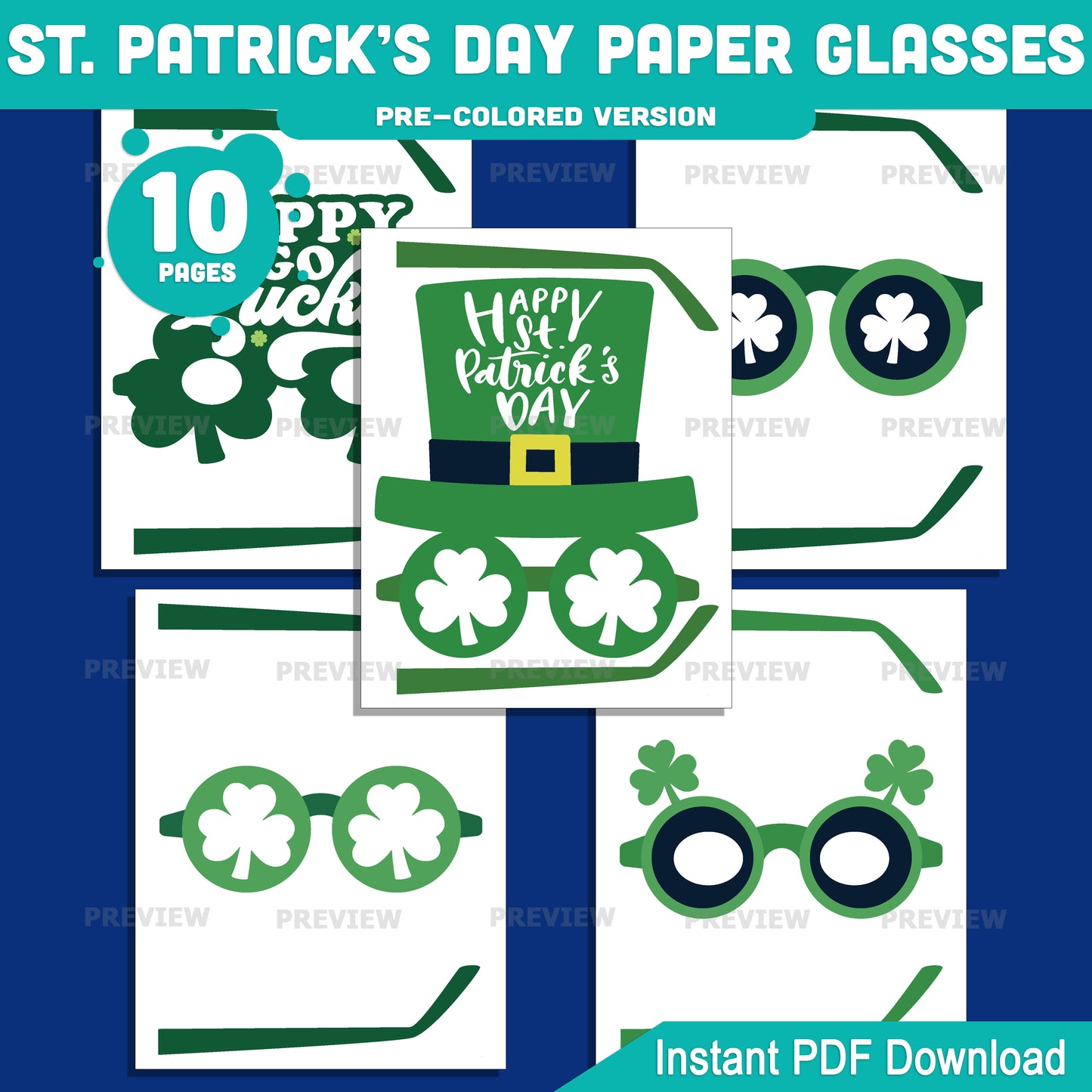 St Patrick’s Day Paper Glasses Printable Activity, Shamrock Glasses Craft, 10 Designs, Pre-Colored and Black & White, Instant Download for Classroom