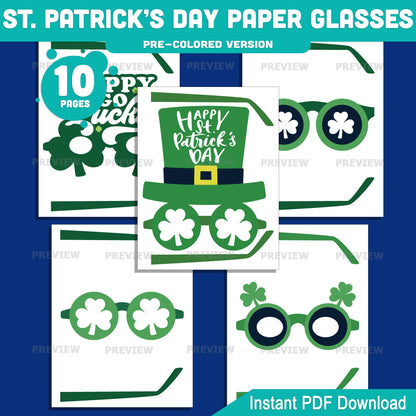St Patrick’s Day Paper Glasses Printable Activity, Shamrock Glasses Craft, 10 Designs, Pre-Colored and Black & White, Instant Download for Classroom