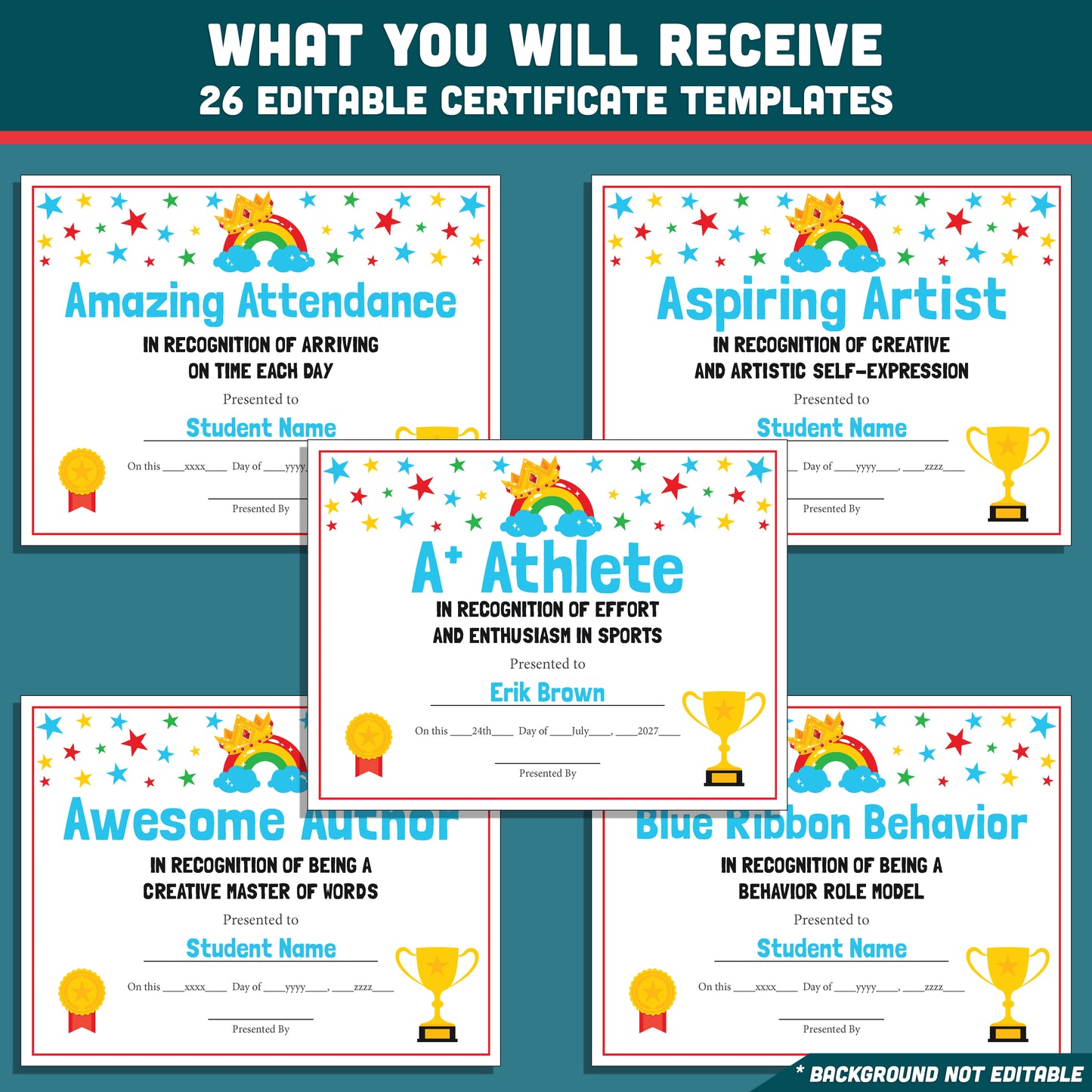 End of School Year Student Awards, Editable Recognition Certificates, 26 Student Awards Pack, Printable Classroom Celebration Materials