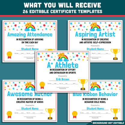 End of School Year Student Awards, Editable Recognition Certificates, 26 Student Awards Pack, Printable Classroom Celebration Materials