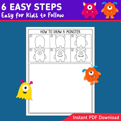 How to Draw a Monster, Halloween Directed Drawing, Easy October Art Lesson for Kids, 6 Step Tutorial, Drawing Practice, Coloring Pages, PDF Printable