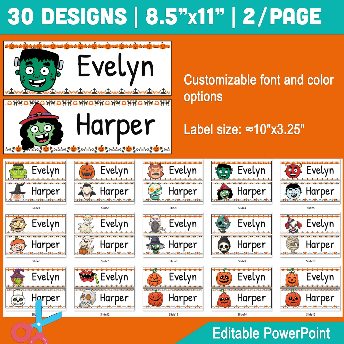 Customizable Halloween Student Name Plates: Spooky Classroom Labels, Desk Tags & Bulletin Board Fun, 30 Designs, 8.5"x11", 2/Page