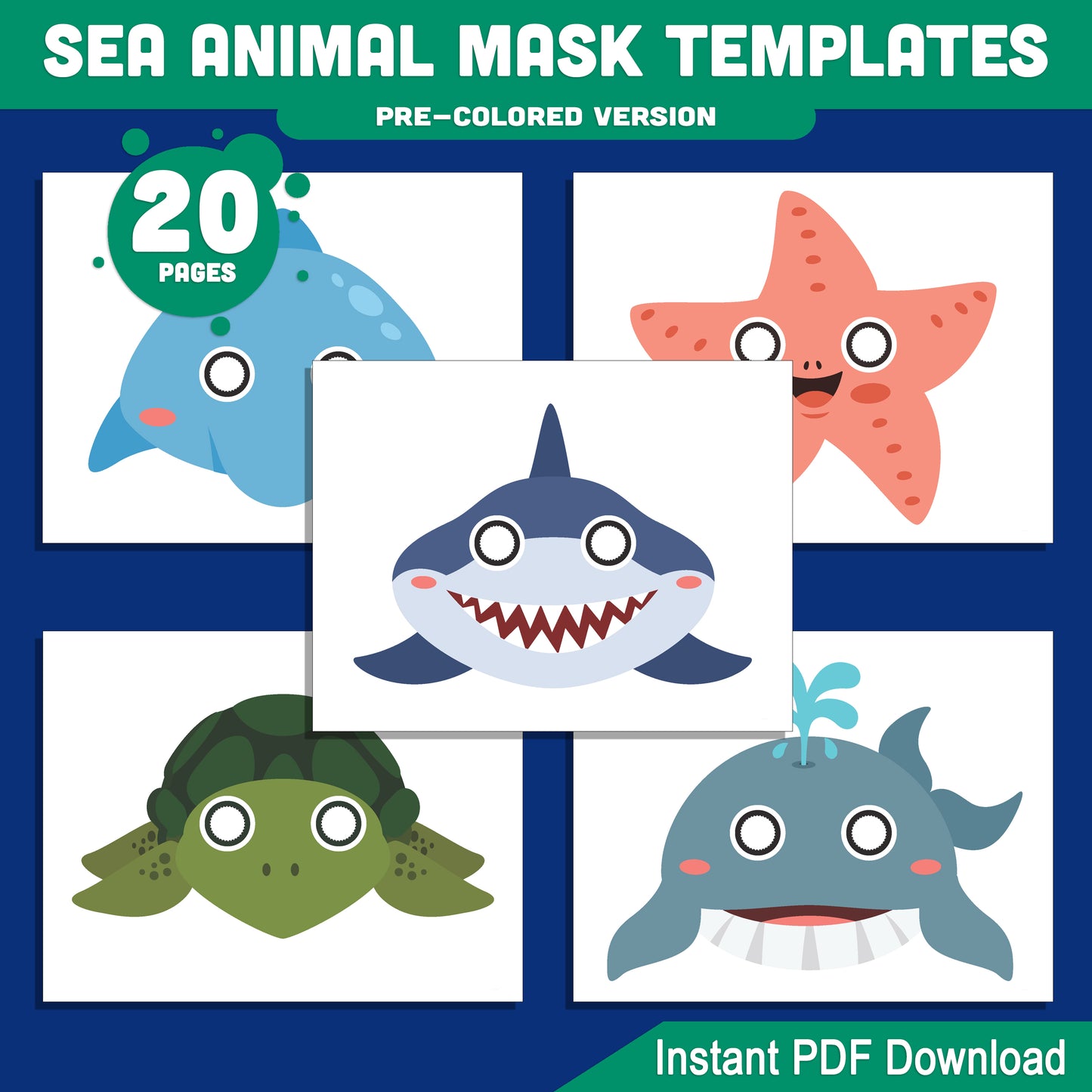 Ocean Animal Mask Templates: 20 DIY Craft Pages for Kids, Pre-Colored & Black & White, Featuring Shark, Whale, Fish, Octopus & More!
