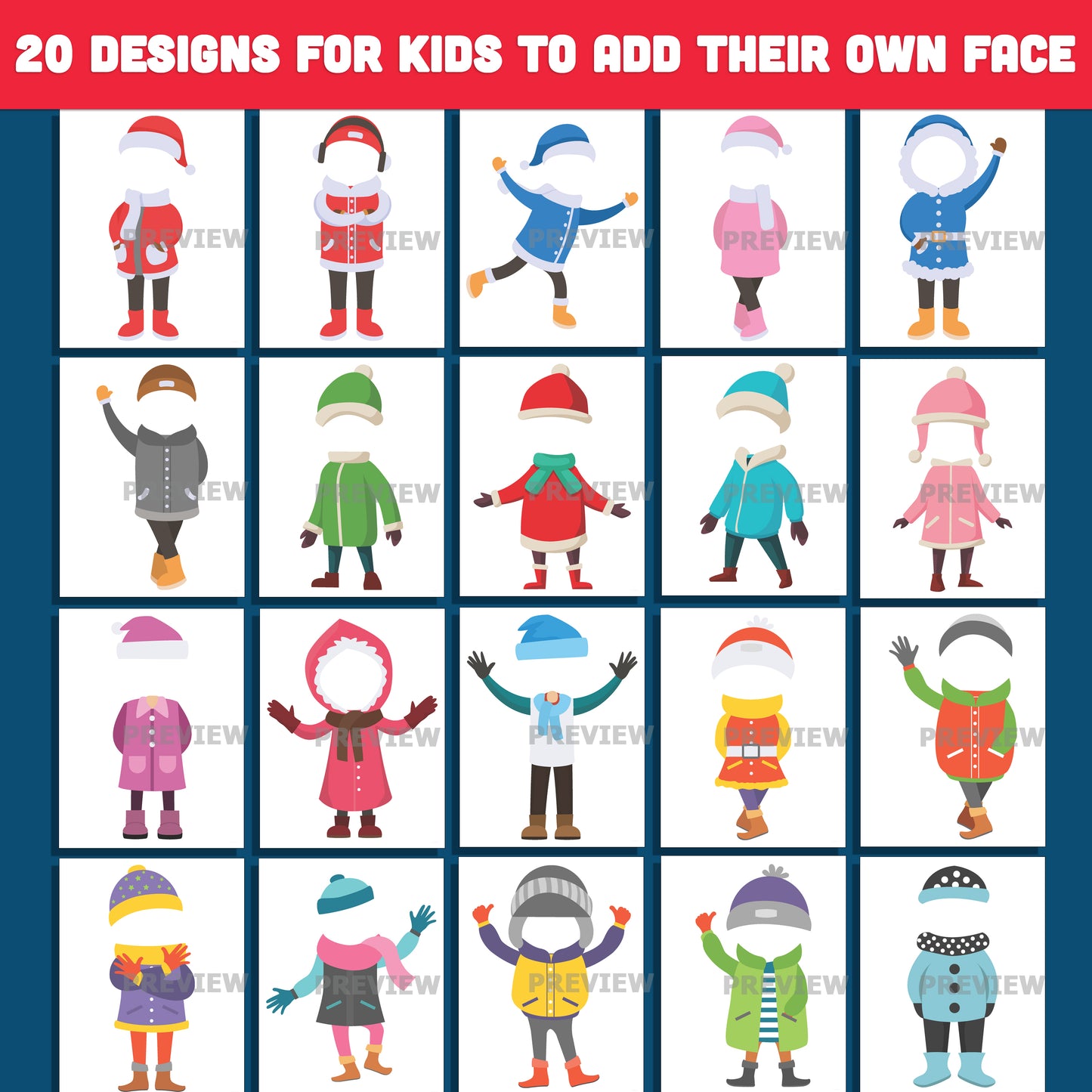 Winter Kids Body Templates – Add-Your-Face Activities, 20 Fun Cut-and-Paste Designs, High-resolution PDF + PNG Files for School, Homeschool, and Holiday Crafts