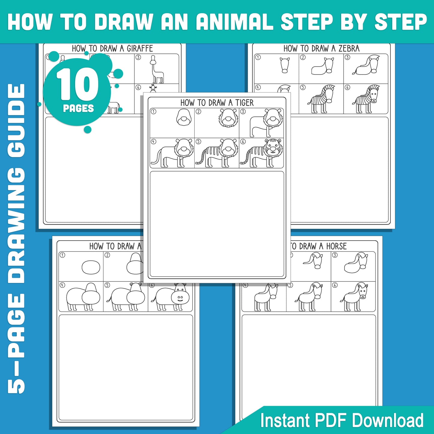 Easy Animal Drawing Lessons: Step-by-Step Tutorials & Coloring Pages for Tiger, Hippo, Giraffe, Zebra, Horse - Download Now