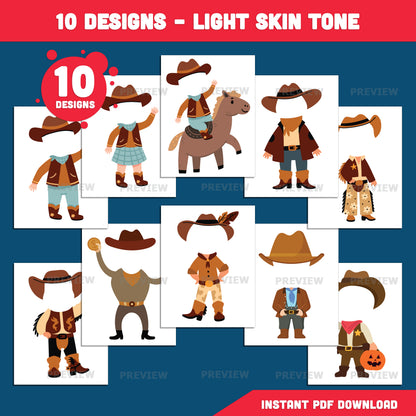Cowboy Add Your Own Face Craft, Wild West Activity, Printable Body Templates, Bulletin Board Activity, Coloring Version Included, Light Dark Skin Inclusive Designs, PDF PNG Transparent Files