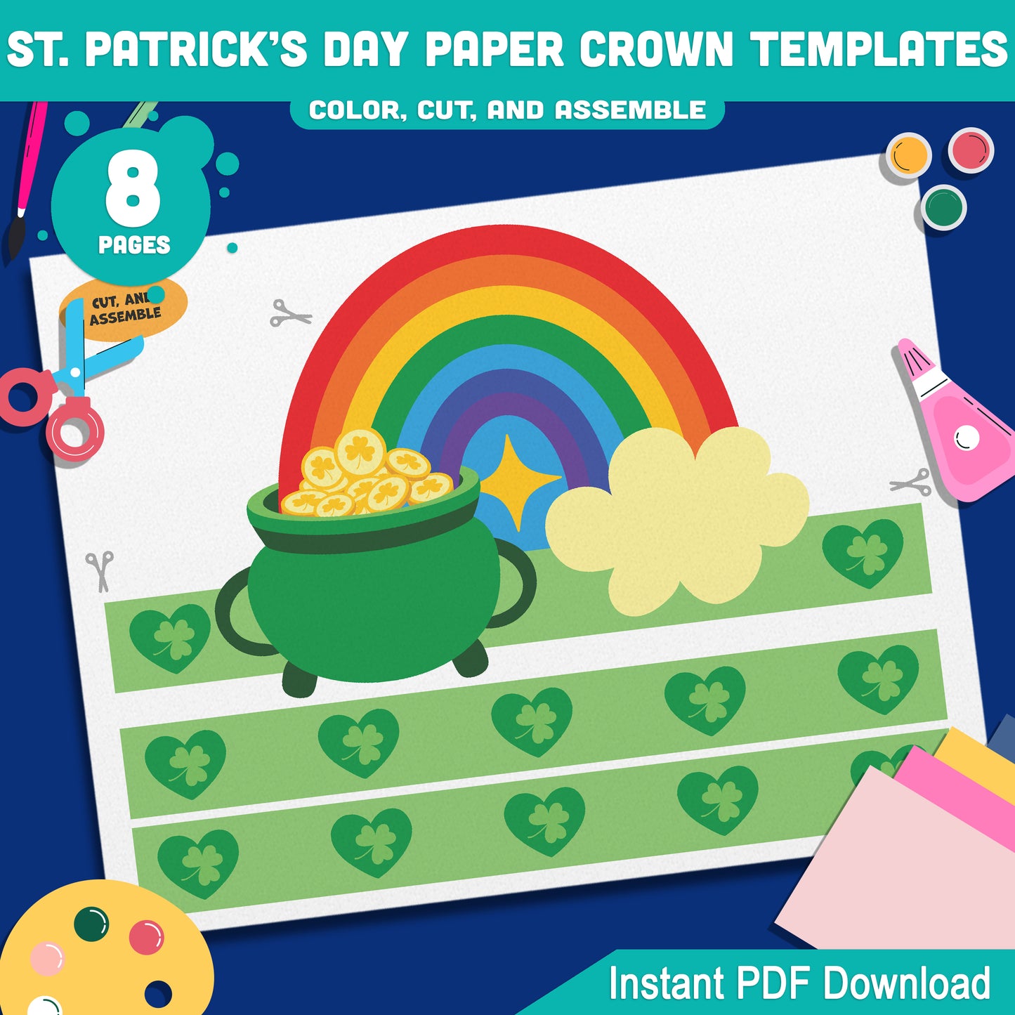 St. Patrick’s Day Paper Crown Templates – Wearable Craft for Kids, Lucky Shamrock Headband, Leprechaun Classroom Hat, Pre-color + Black & White