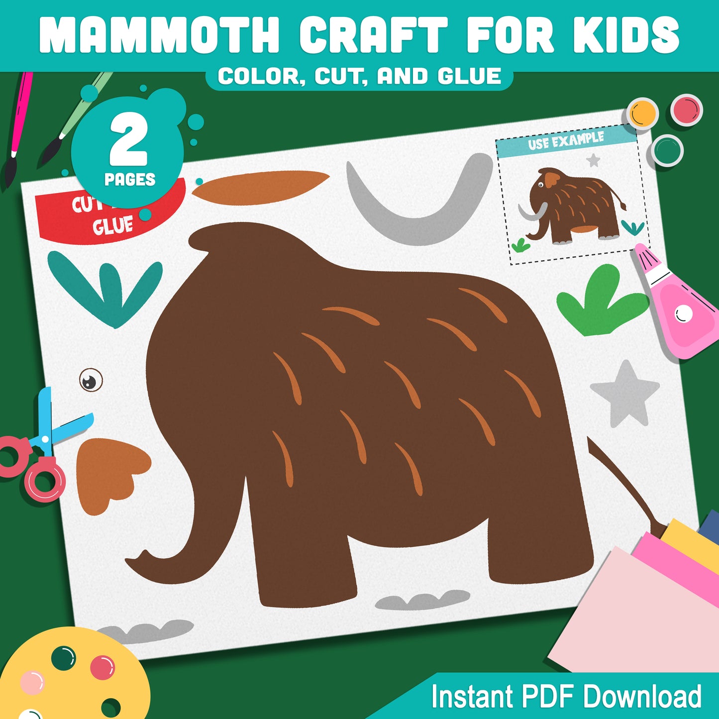 Mammoth Craft for Kids: Ice Age-Themed Color, Cut, and Glue Activity, Ideal for Preschool, Kindergarten, Homeschool Art Projects, Printable PDF Instant Download