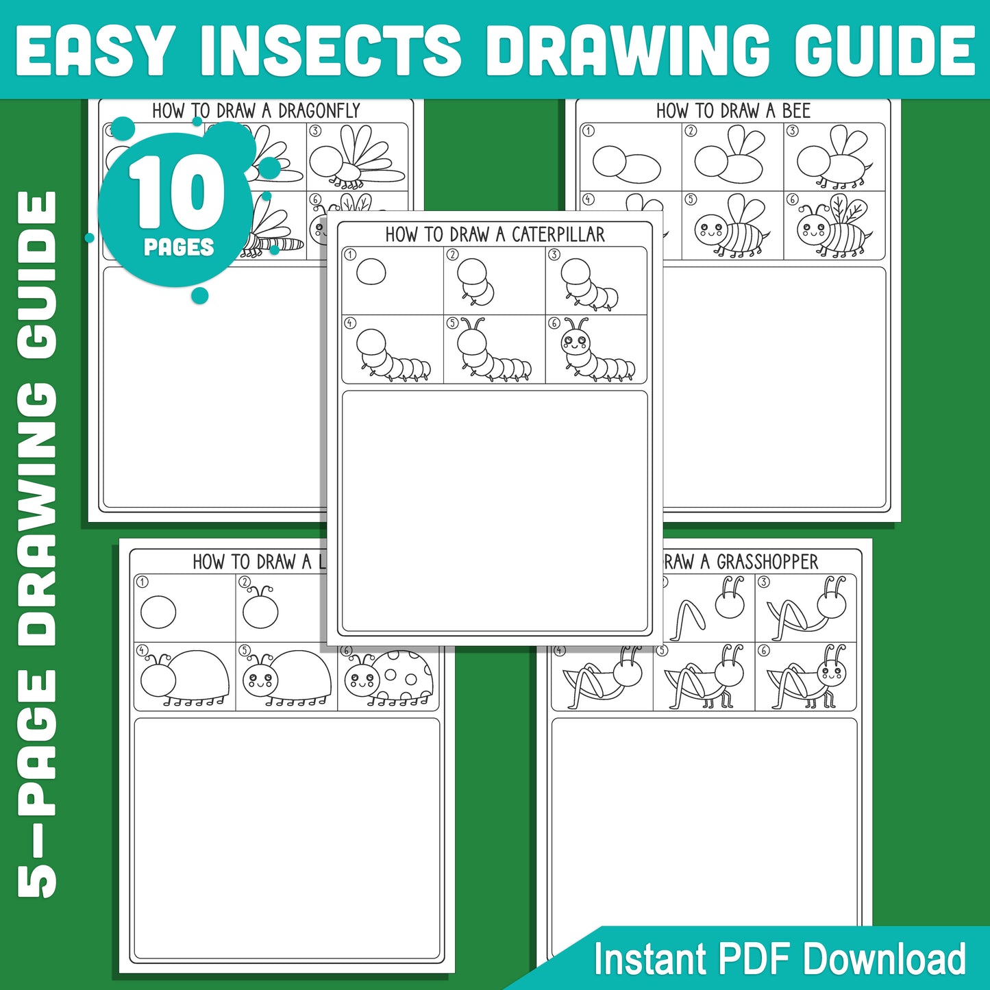 Learn to Draw Insects: 5 Easy Tutorials with Bonus Coloring Pages, Caterpillar, Dragonfly, Ladybug, Bee, Grasshopper, Instant PDF Download