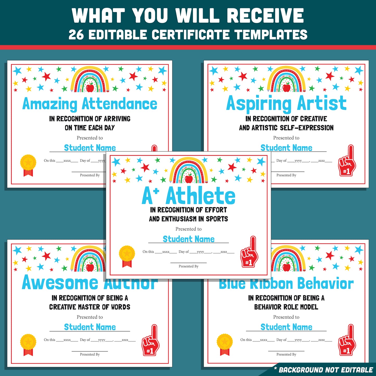 Class Awards Middle School End of the Year, Printable Certificates Bundle, 26 Editable Designs, Student Recognition Pack, Teacher Friendly