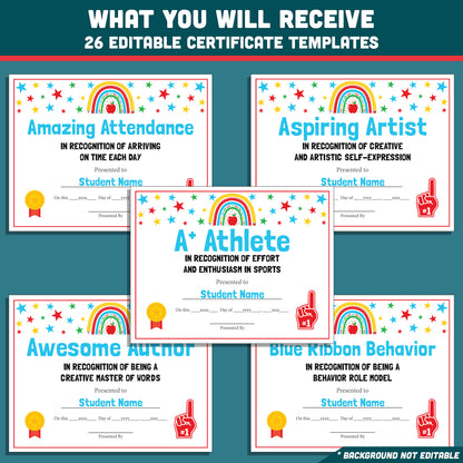 Class Awards Middle School End of the Year, Printable Certificates Bundle, 26 Editable Designs, Student Recognition Pack, Teacher Friendly