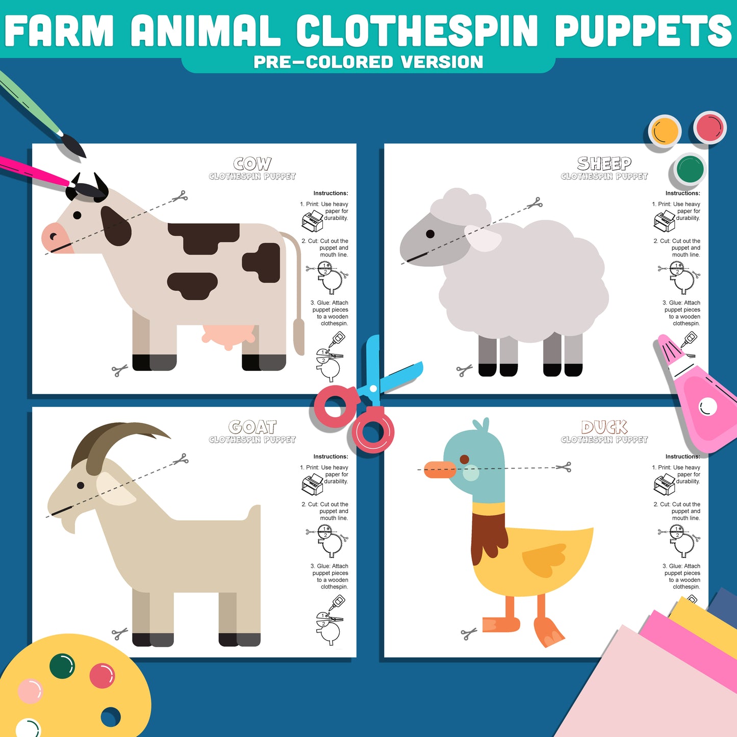 Farm Animal Clothespin Puppets, Funny Barnyard Friends Craft, Cow Sheep Goat Duck Activity, Printable PDF Download