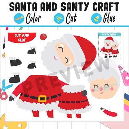 Santa Claus and Santy Craft Activity - Color, Cut, and Glue for PreK to 2nd Grade, PDF File, Instant Download