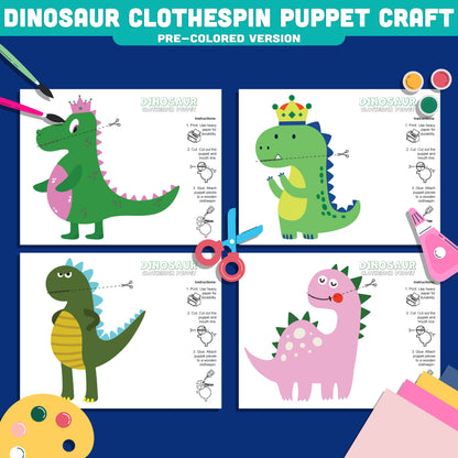 Dinosaur Clothespin Puppet Craft, Color Cut and Create Dinosaur Activity, Printable Puppet Templates for Kids PDF