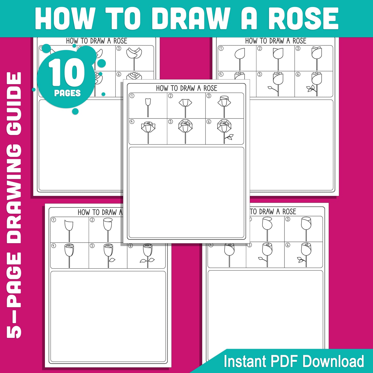 Learn to Draw Roses: 5 Step-by-Step Tutorials and 5 Coloring Pages, Easy Art Activity for Kids, Perfect for Budding Artists, Instant PDF Download