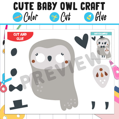 Cute Baby Owl Craft for Kids: Color, Cut, and Glue, a Fun Activity for Pre K to 2nd Grade, PDF Instant Download