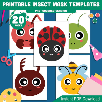 Insect Mask Printables: 20 DIY Bug-Themed Pages, Including Mosquito, Caterpillar, Spider, Ant, Butterfly & More, Pre-Colored & Black and White, PDF Download