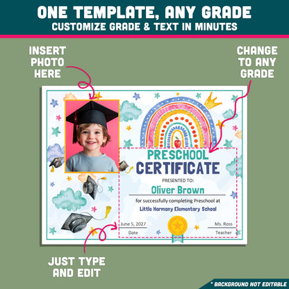 Editable Awards and Certificates, Rainbow Cloud and Star Graduation Template, Preschool & Beyond, Any Grade Diploma or Certificate, With and Without Photo, PDF PowerPoint