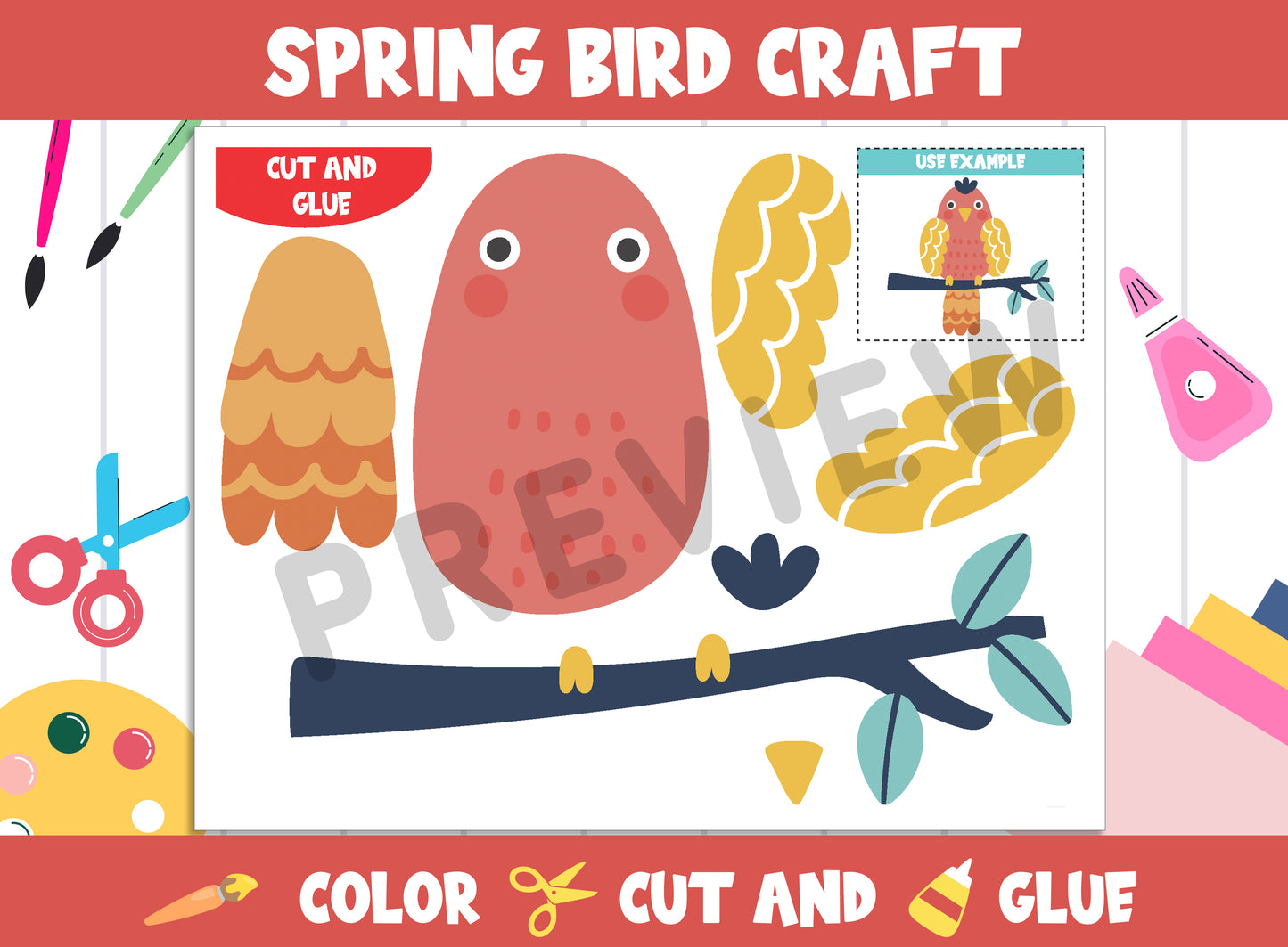 Spring Bird - Spring Craft Activity for Kids : Color, Cut, and Glue for PreK to 2nd Grade, PDF File, Instant Download