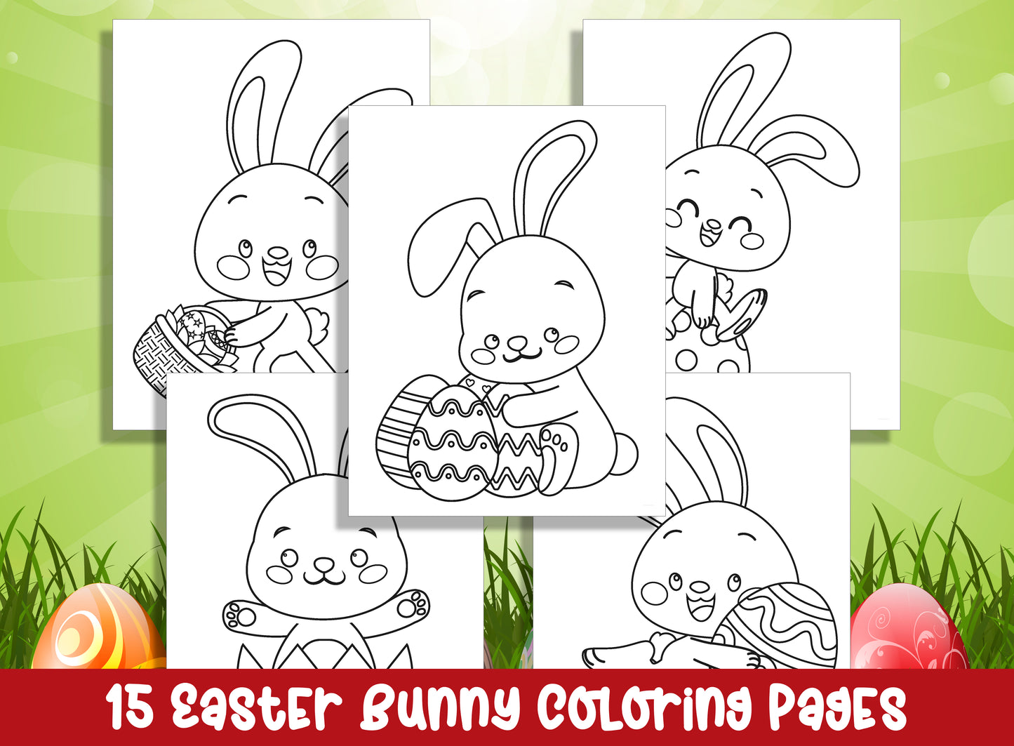 Easter Bunny Delight: 15 Whimsical Coloring Pages for Preschool & Kindergarten - Printable PDF, Instant Download