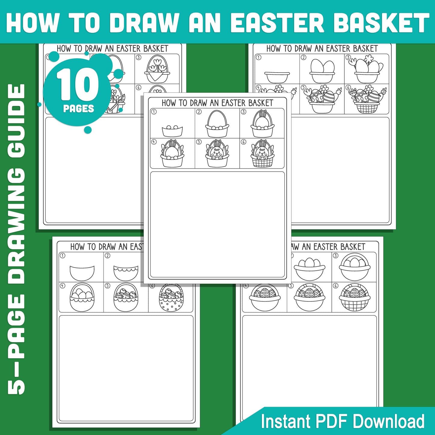 How to Draw an Easter Basket: 5 Easy Tutorials + 5 Fun Coloring Pages, Step-by-Step Art Activities for Kids and Beginners, Instant PDF Download