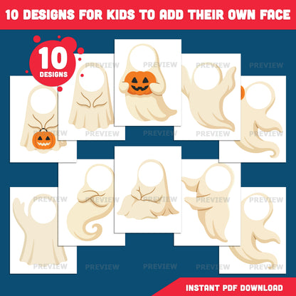 Ghost Template Craft Activity, Halloween Cut and Paste, Add Your Own Face, 10 Unique Designs, PDF + PNG Files, Coloring Version Included, 300 DPI, A4