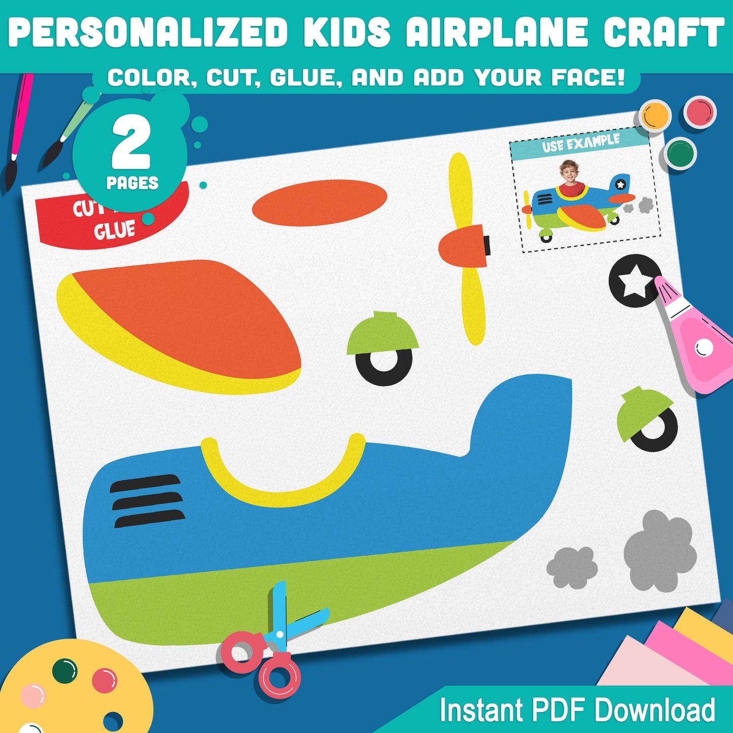 Kids Personalized Airplane Craft: DIY Fun Color, Cut, Glue, and Add Your Face, Creative Learning Activity, Instant Download PDF for Home or School