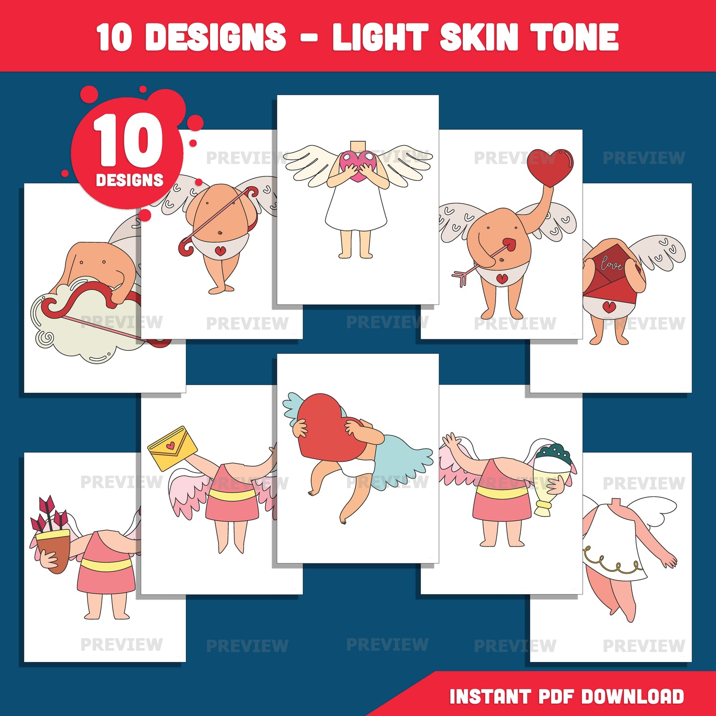 Cupid Body Templates Add Your Face – Valentine Crafts, Valentine’s Day Body Templates, Coloring Version Included, PDF & PNG