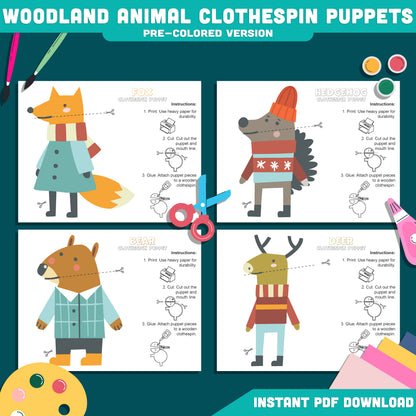 Woodland Animal Clothespin Puppets, Moving Forest Creature Craft Activity, Deer Fox Bear Hedgehog Templates, Printable PDF