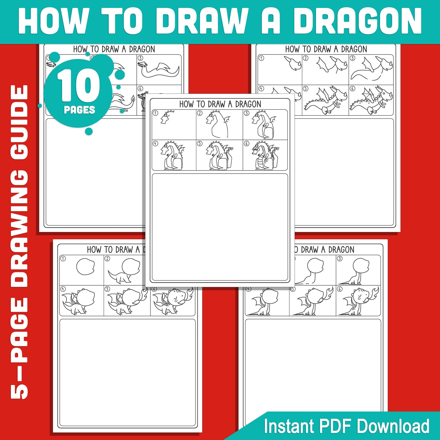 Dragon Drawing Tutorial for Kids: 5-Page Guide with 5 Creative Coloring Pages, Easy-to-Follow Instructions for Young Artists, Instant PDF Download