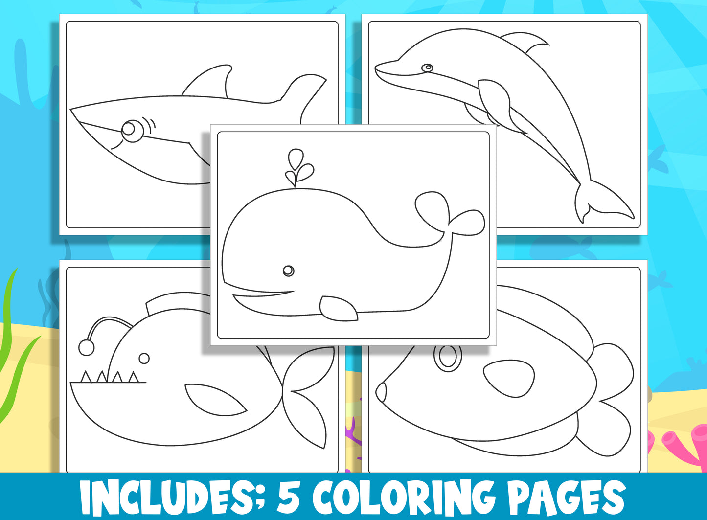 Learn How to Draw Sea Animals (Whale, Shark, Dolphin, Anglerfish, Tang Fish), Directed Drawing Step by Step Tutorial + 5 Coloring Pages