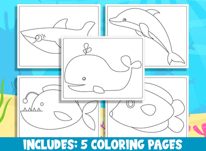 Learn How to Draw Sea Animals (Whale, Shark, Dolphin, Anglerfish, Tang Fish), Directed Drawing Step by Step Tutorial + 5 Coloring Pages