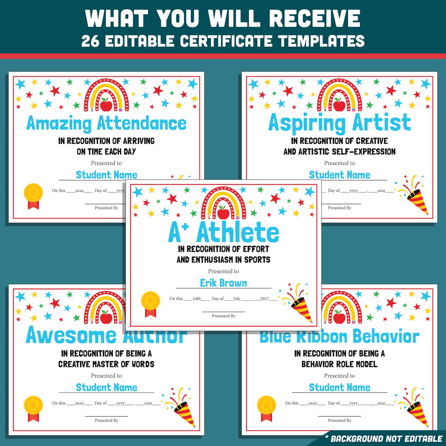 Editable Student Recognition Awards, Classroom Certificates, 26 Options, Printable Student Honors, Quick Personalization, Low Prep Teaching Tool