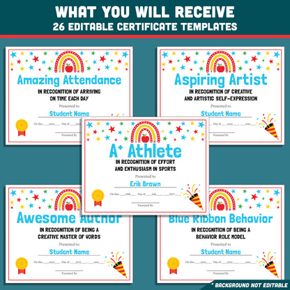 Editable Student Recognition Awards, Classroom Certificates, 26 Options, Printable Student Honors, Quick Personalization, Low Prep Teaching Tool